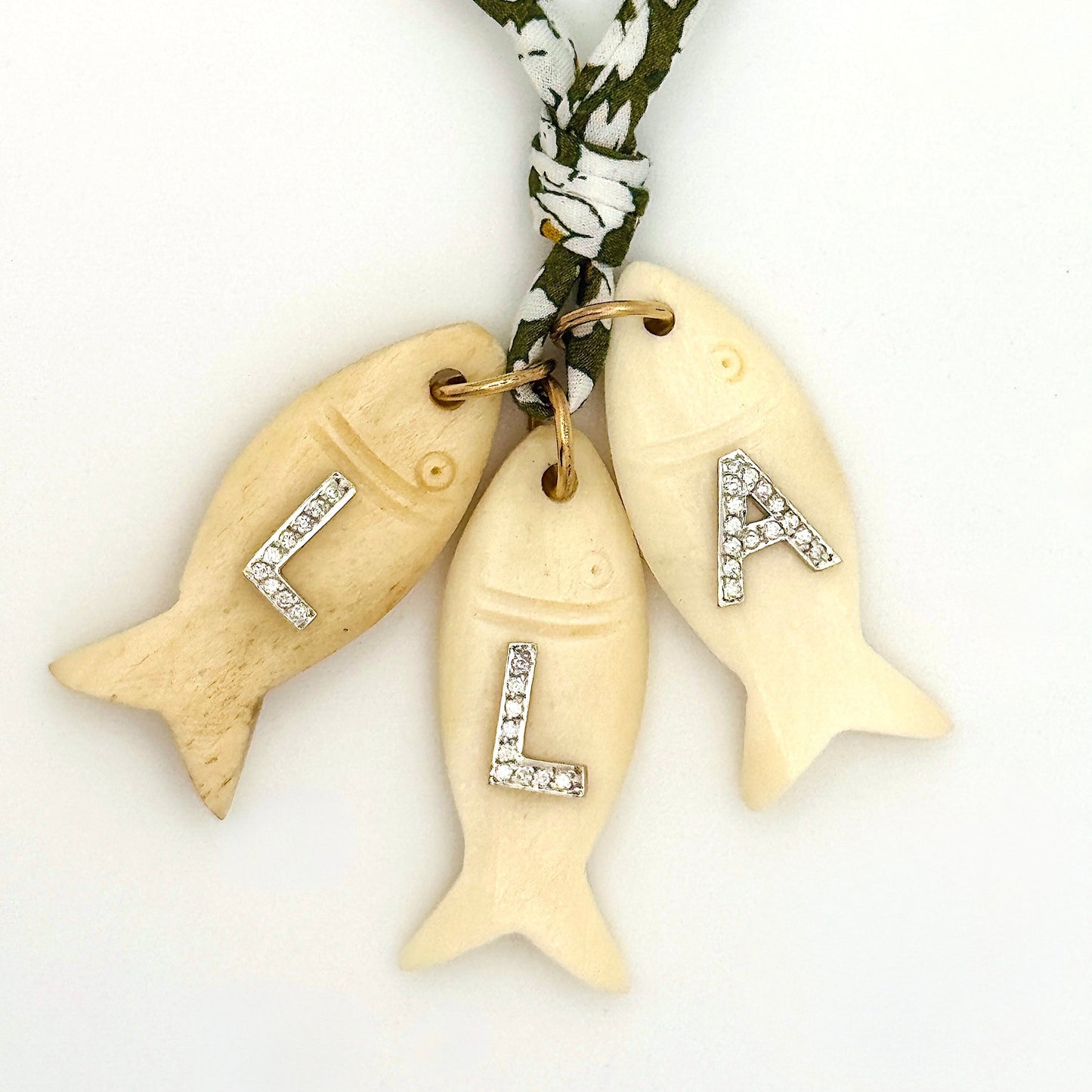 Bone Fish Pendant with Diamond Letter