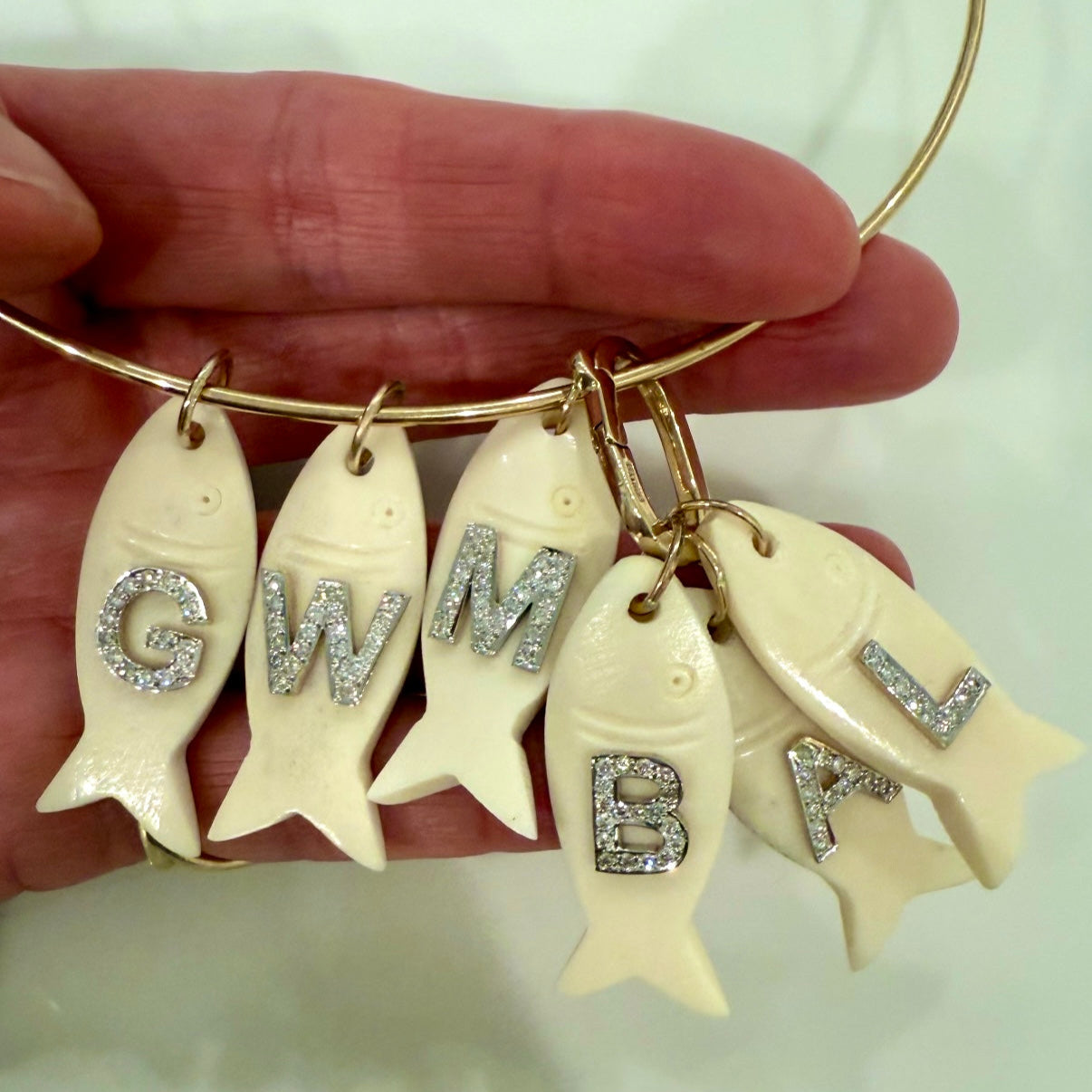 Bone Fish Pendant with Diamond Letter