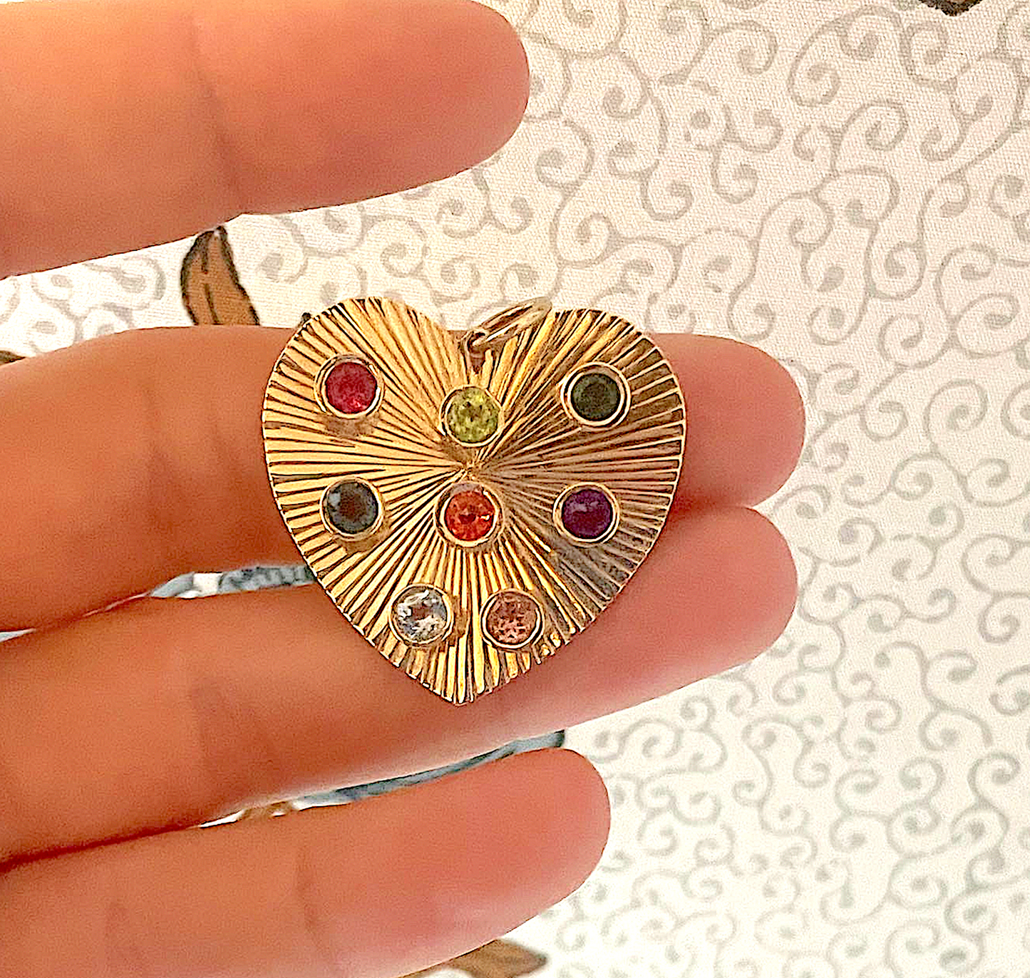Etched Heart Pendant with Semi Precious Stones