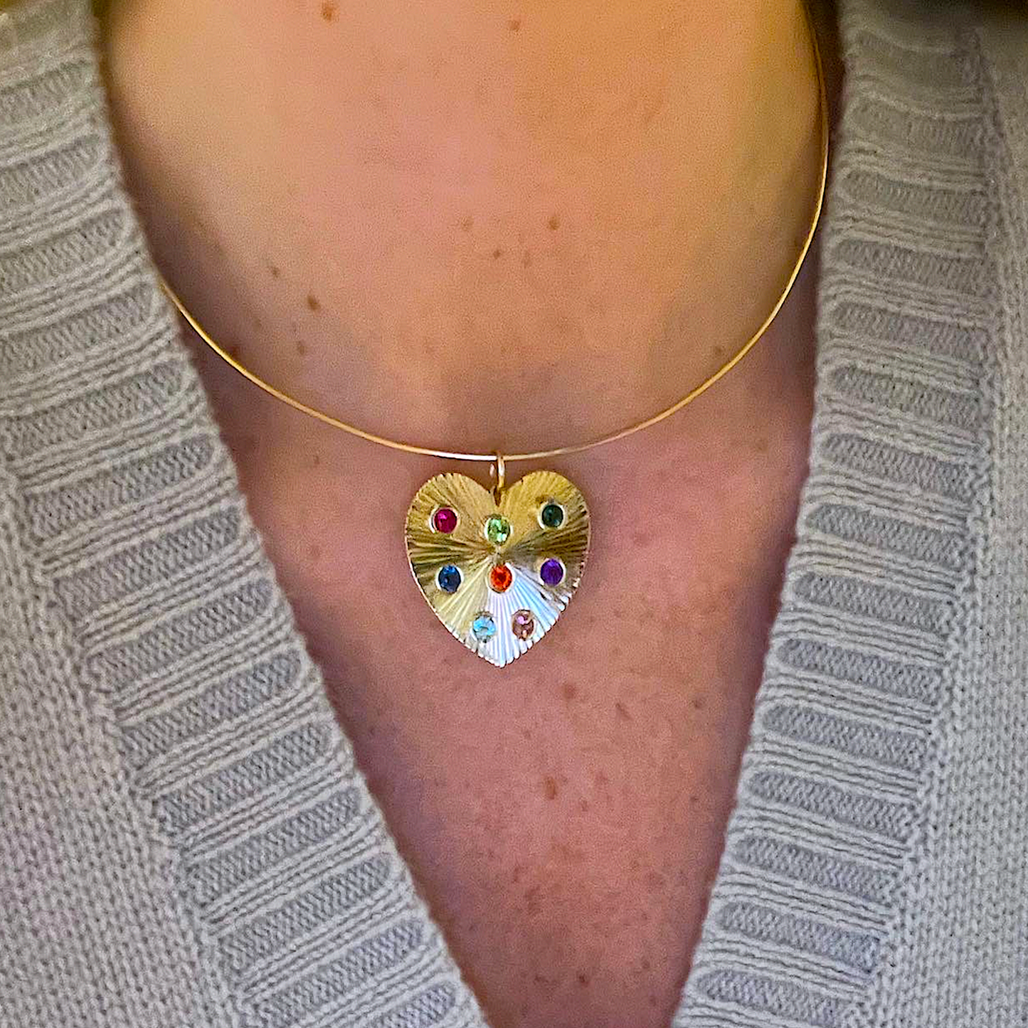 Etched Heart Pendant with Semi Precious Stones