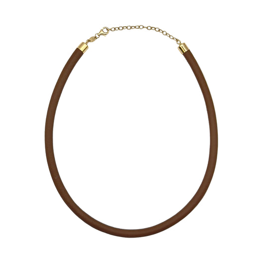 Brown necklace with gold clasp on a white background