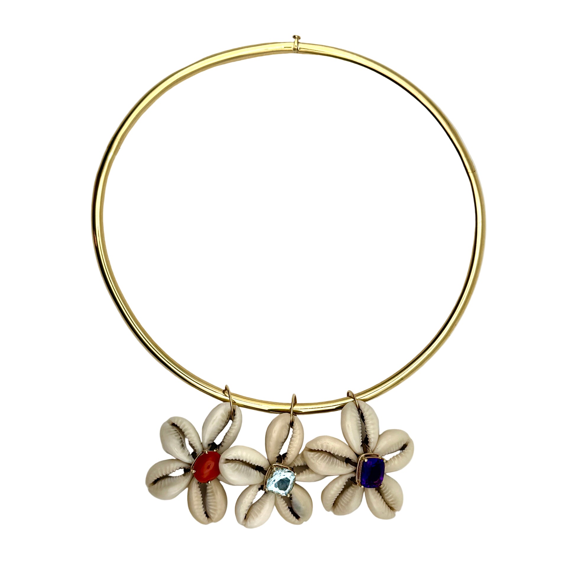 Gold hoop necklace with three floral pendants on a white background