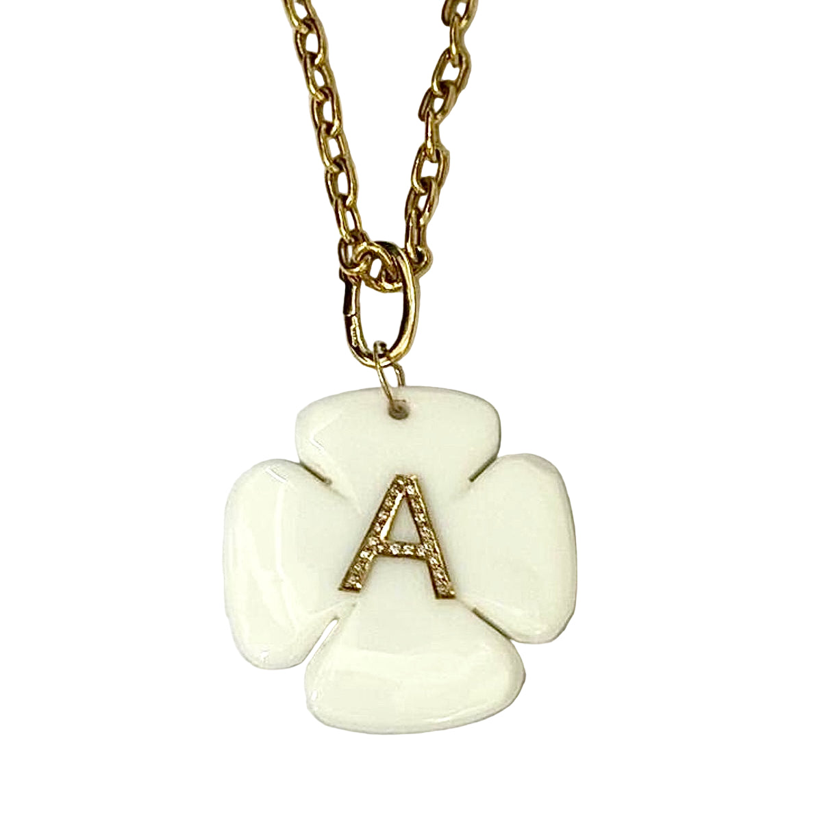 Necklace with a white pendant featuring the letter 'A' on a light gray background