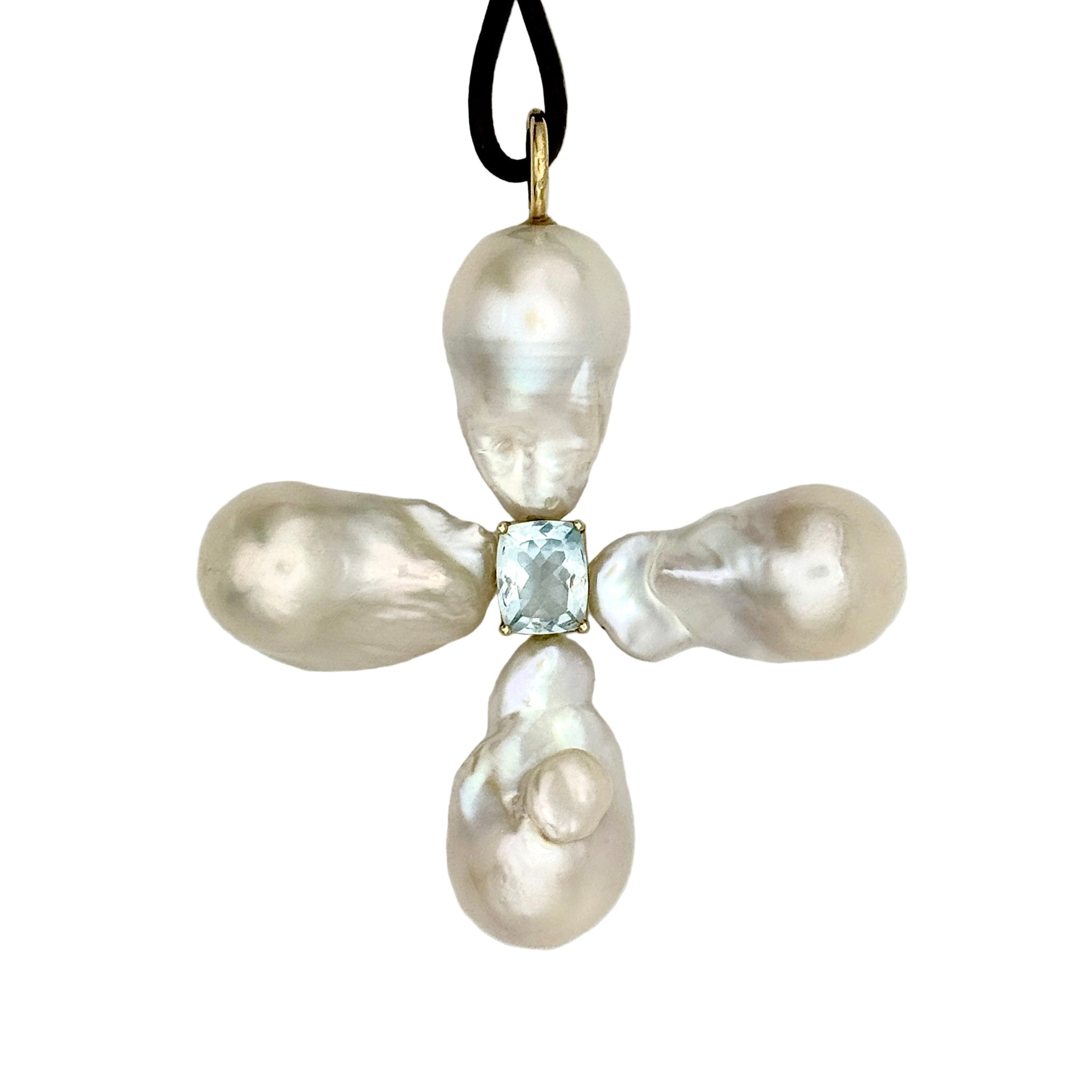 Pearl cross pendant with a central gemstone on a white background