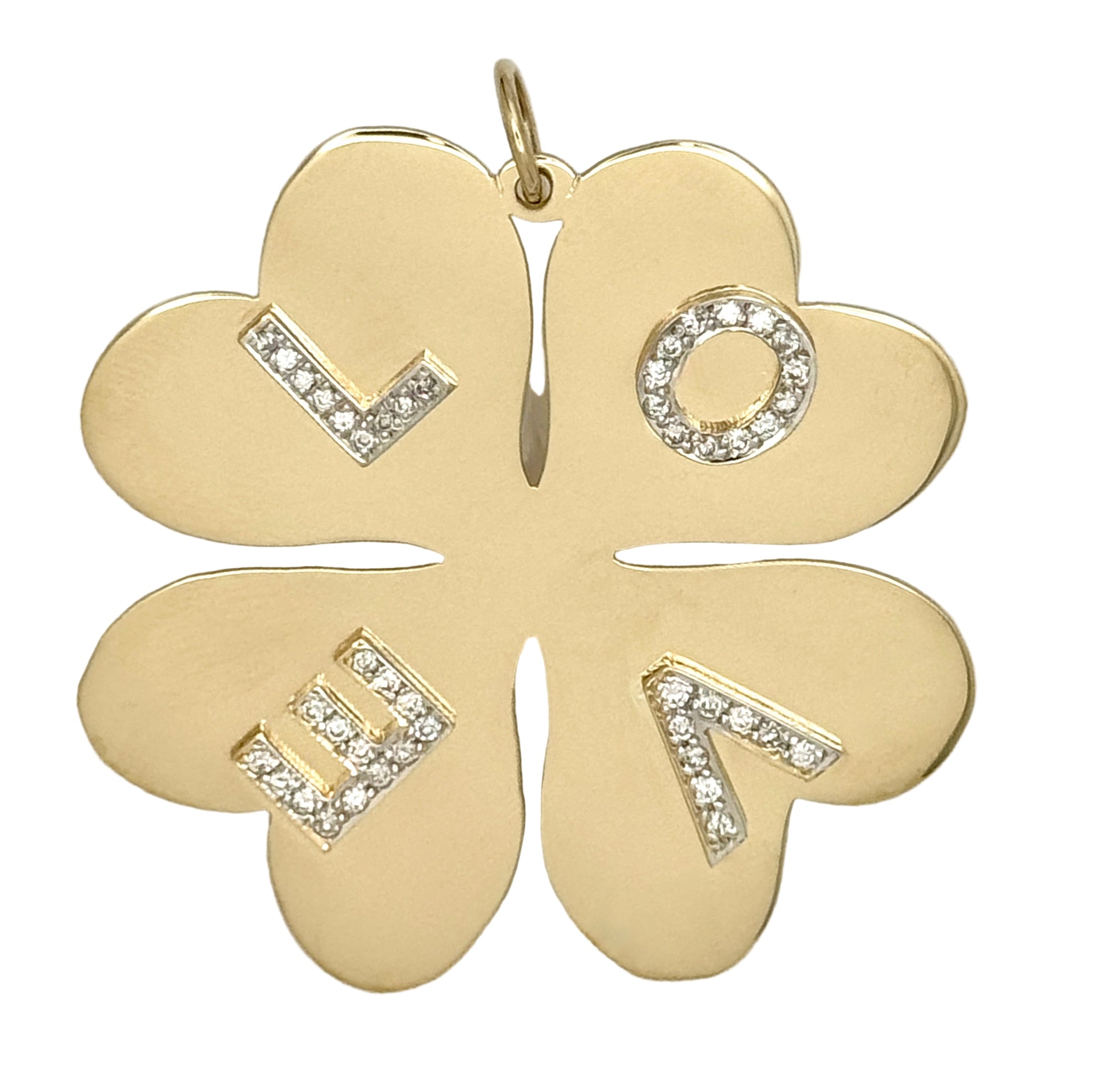 Gold four-leaf clover pendant with 'LOVE' letters on a white background