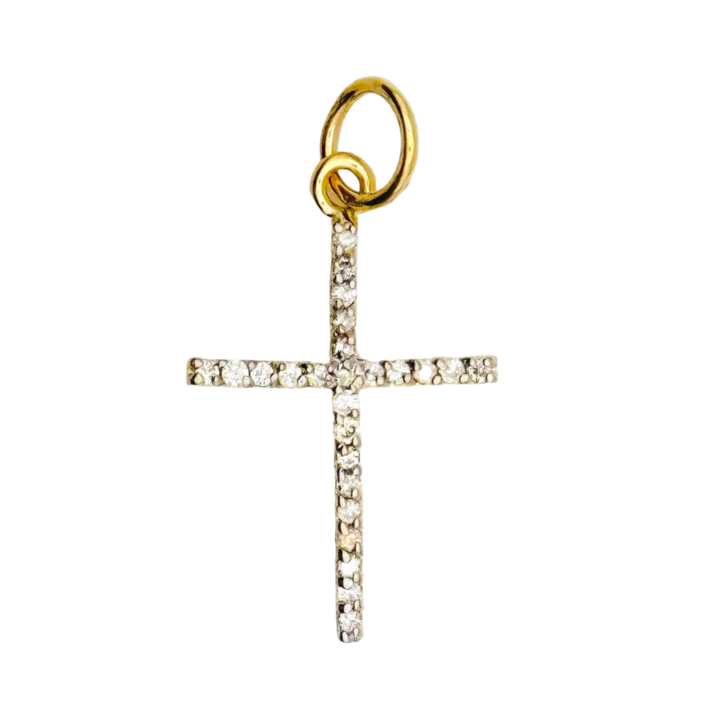 Gold cross pendant with diamonds on a white background