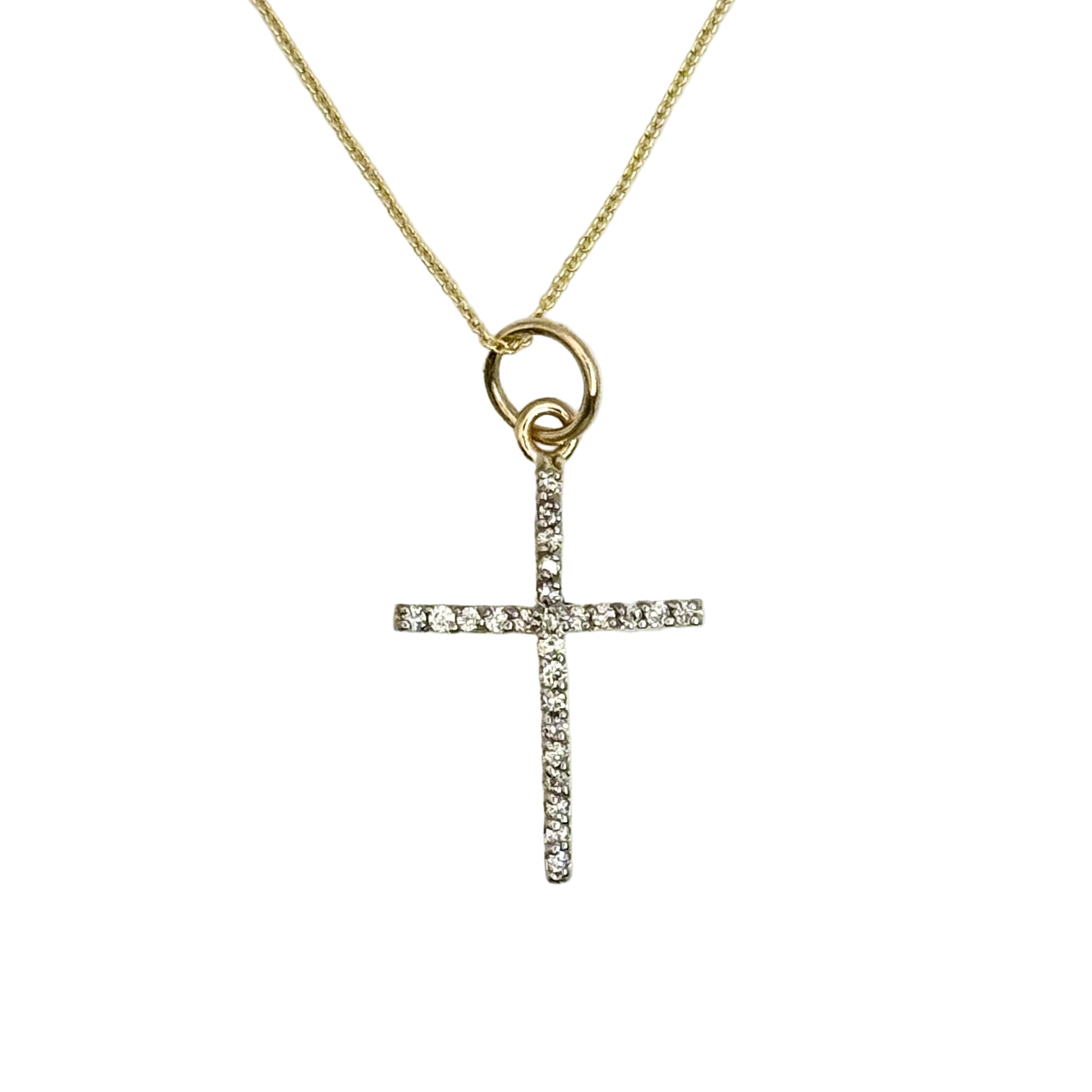 Gold necklace with a cross pendant on a white background