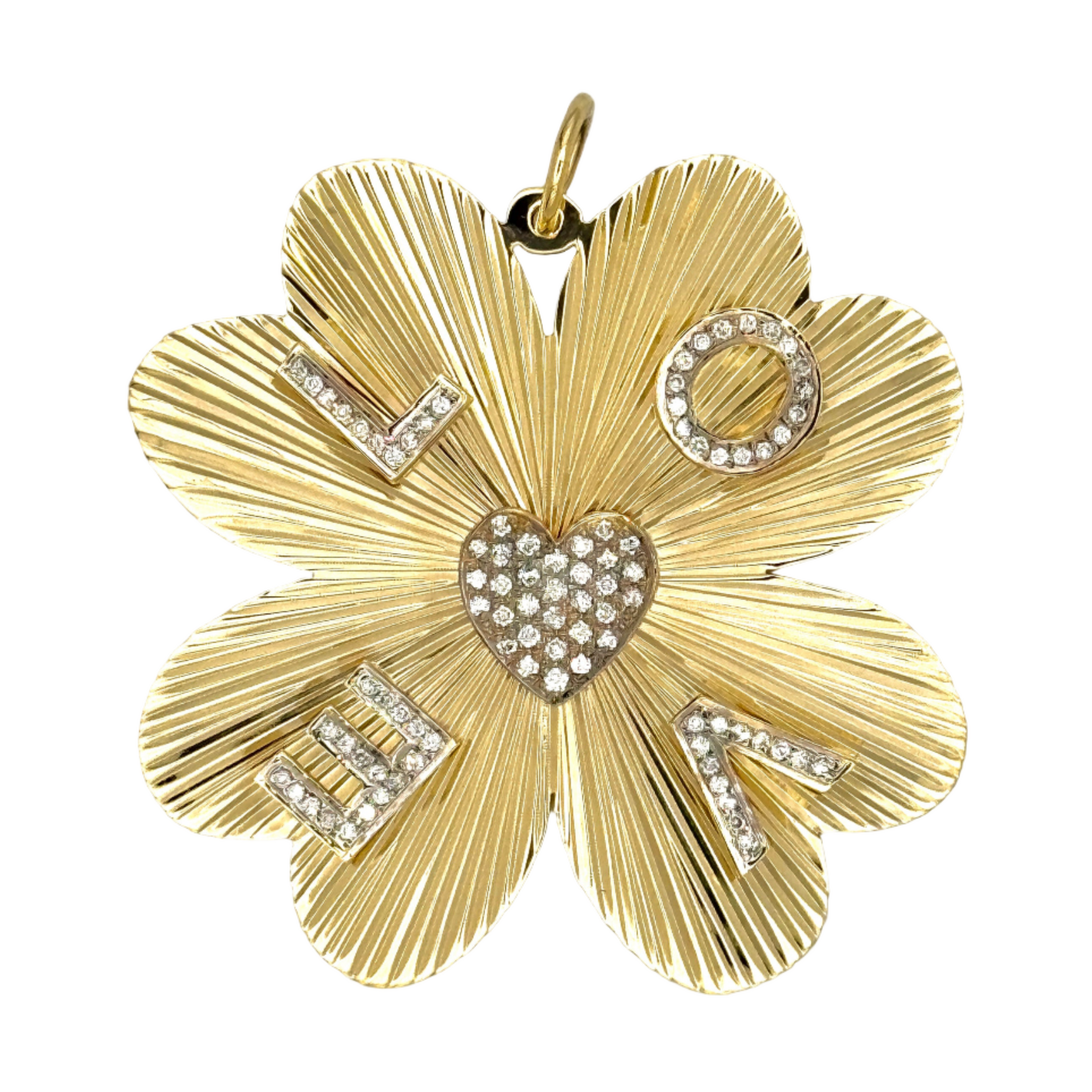 Clover pendant with floral design and embedded stones on a light background