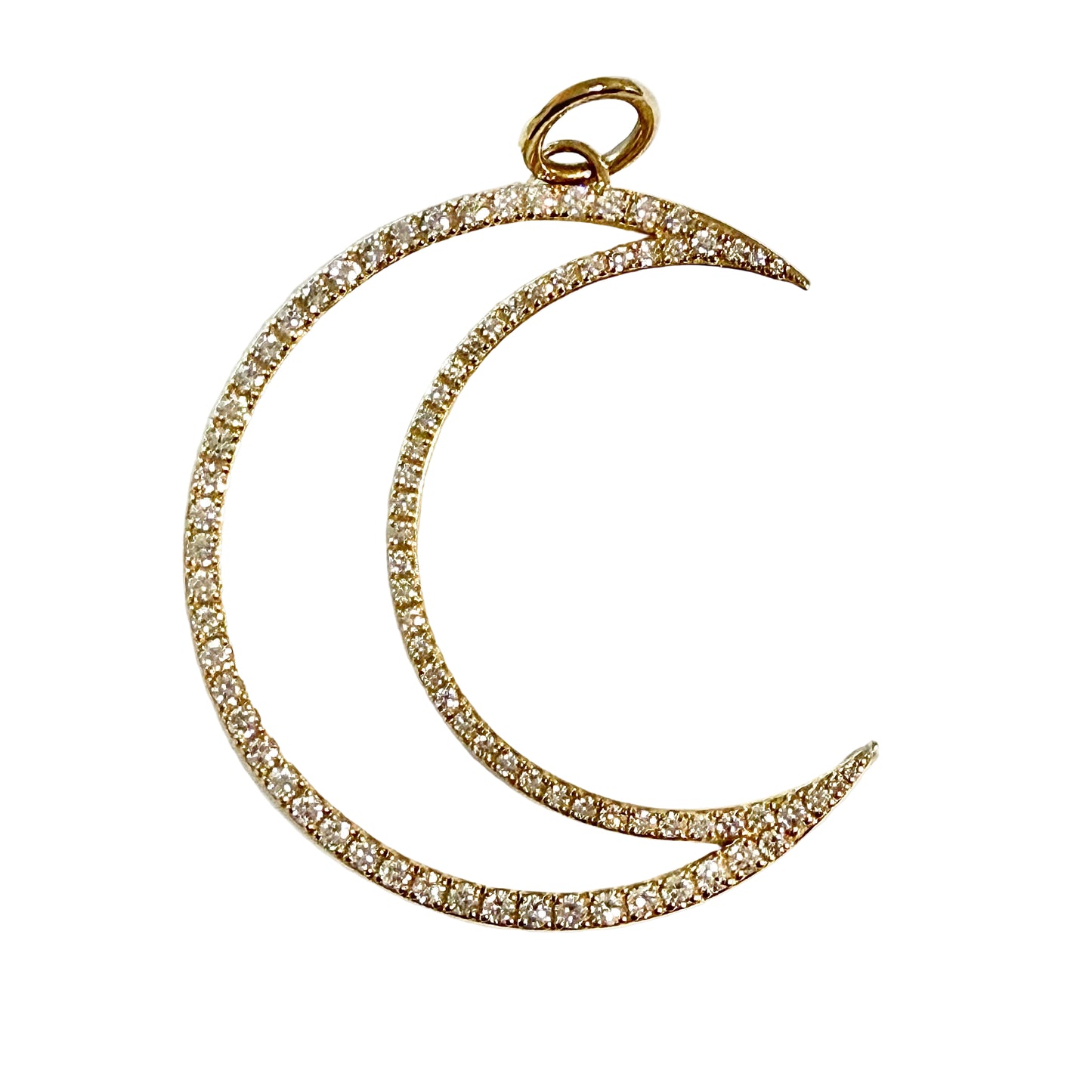 Gold crescent moon pendant with diamonds on a white background