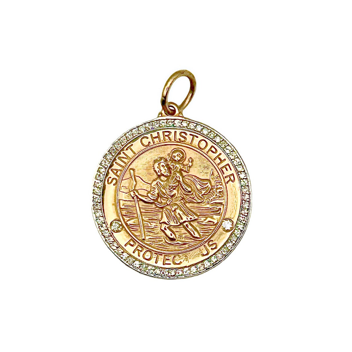 Gold Saint Christopher pendant with diamonds on a white background