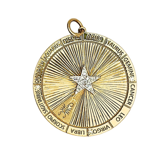 Gold pendant with star design and zodiac signs on a white background