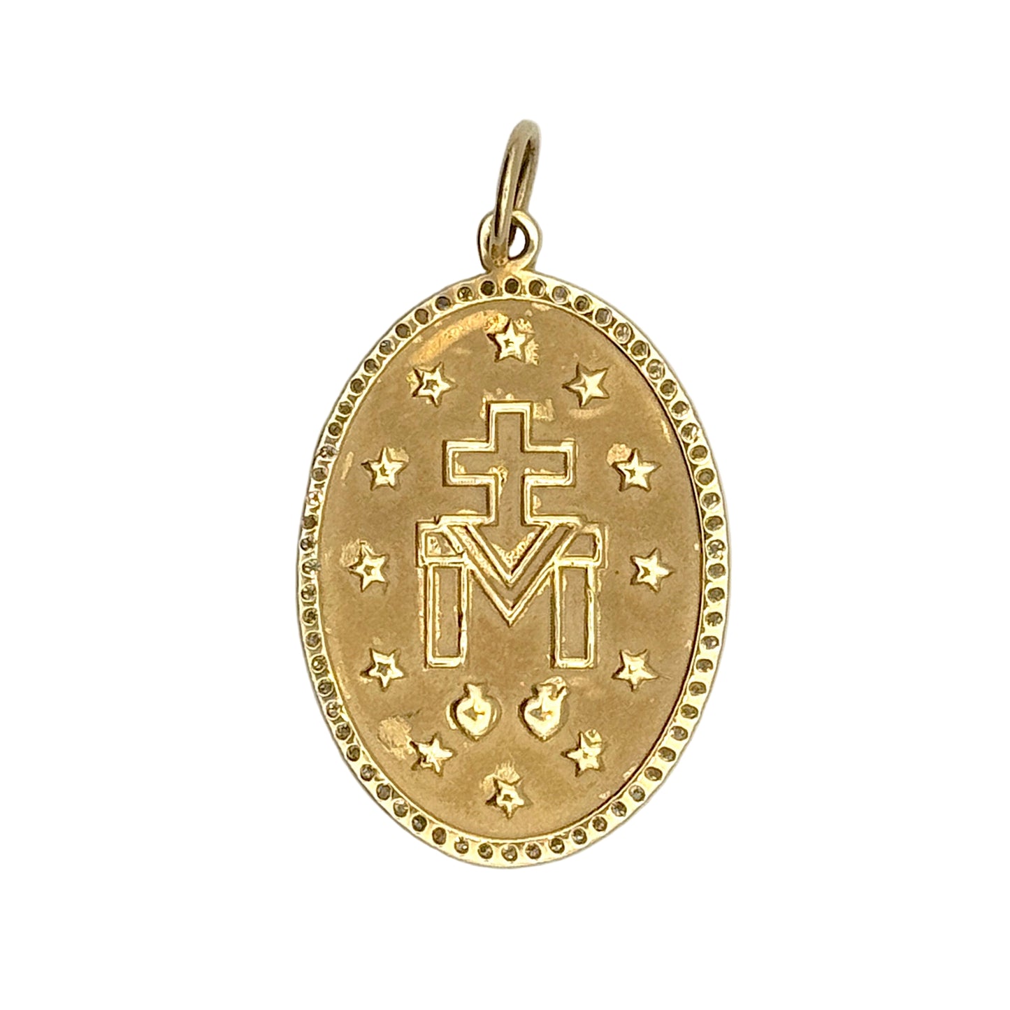 Gold pendant with religious design on a white background