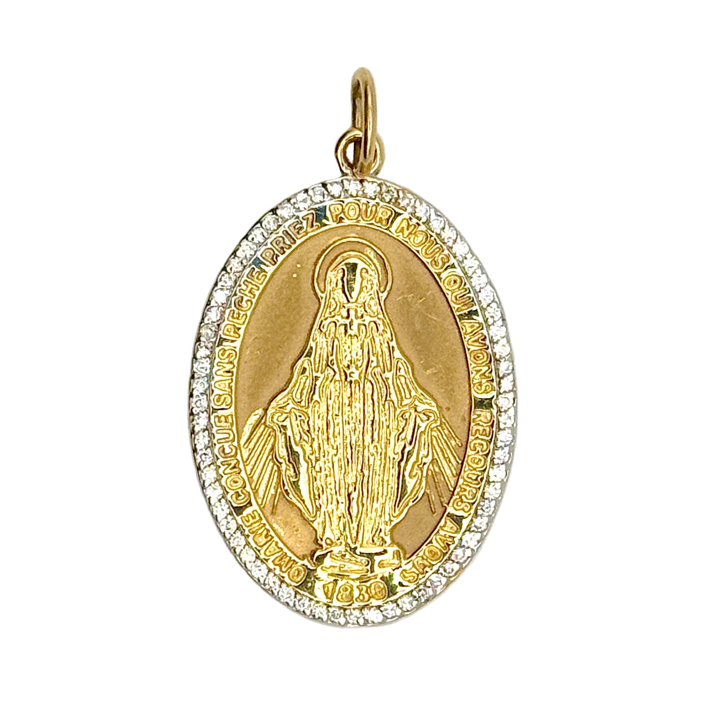 Gold pendant with religious design on a white background