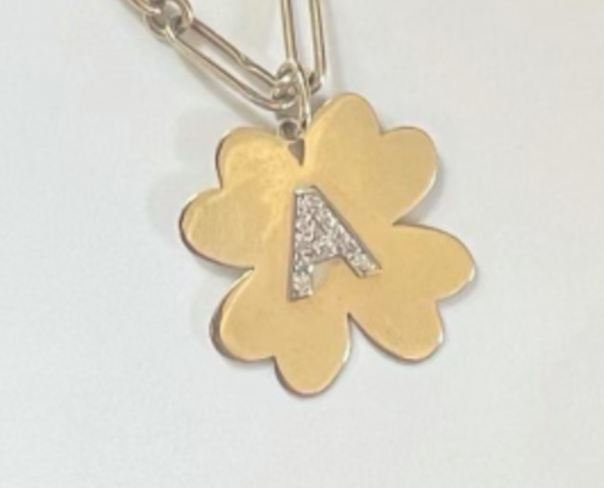 14k Gold 1 and 2 inch Clover with Pave Diamond Initial (Customizable)