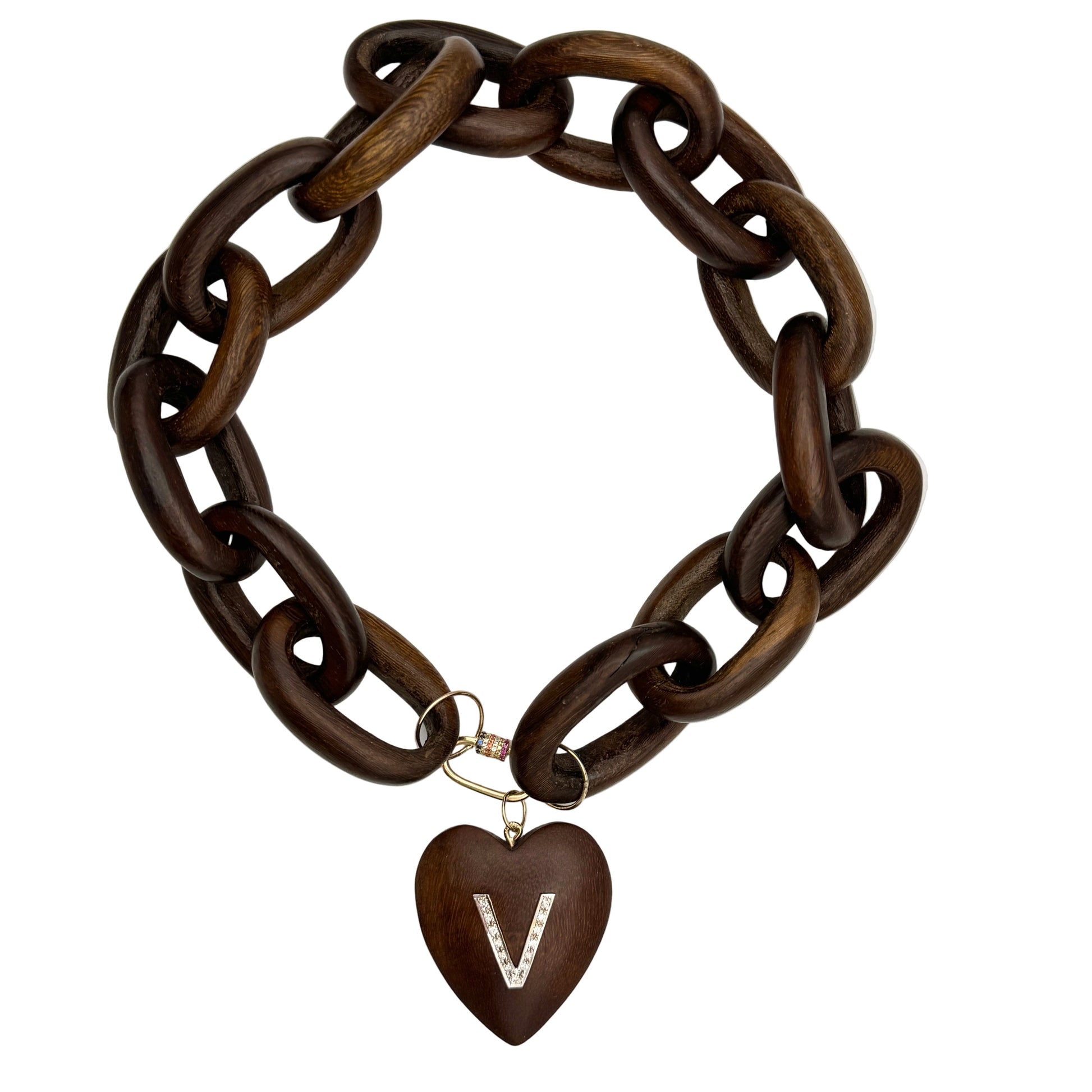 Brown chain bracelet with a heart-shaped pendant on a white background