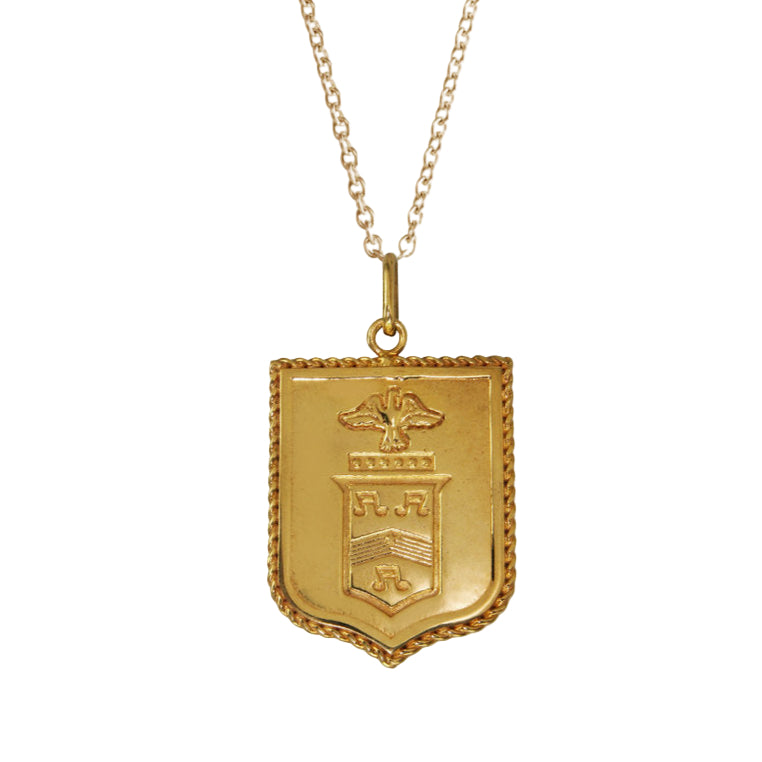 A 14k yellow gold signet pendant with a customizable family crest design, displayed against a white background.