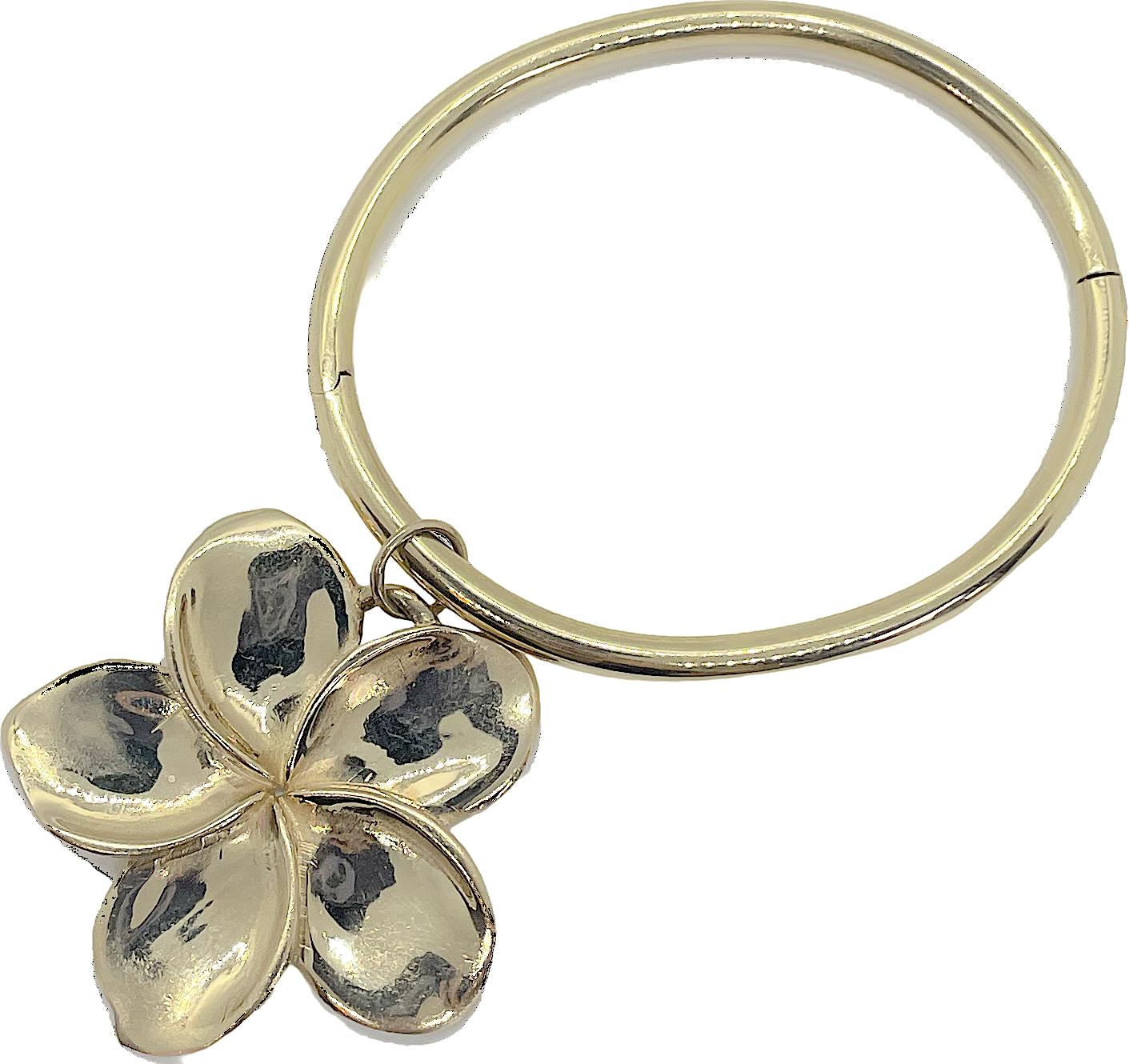 A gold-colored bracelet featuring a plumeria flower pendant.