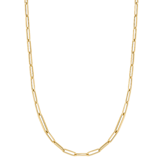 A gold paper clip chain necklace on a white background