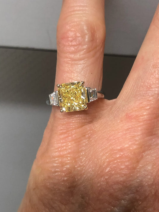 Radiant Cut Yellow Diamond Engagement Ring with Handmade Platinum Setting (2.85 Carat)