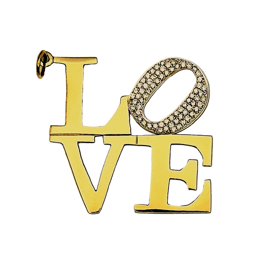 Gold 'LOVE' pendant with a diamond-studded 'O' on a white background