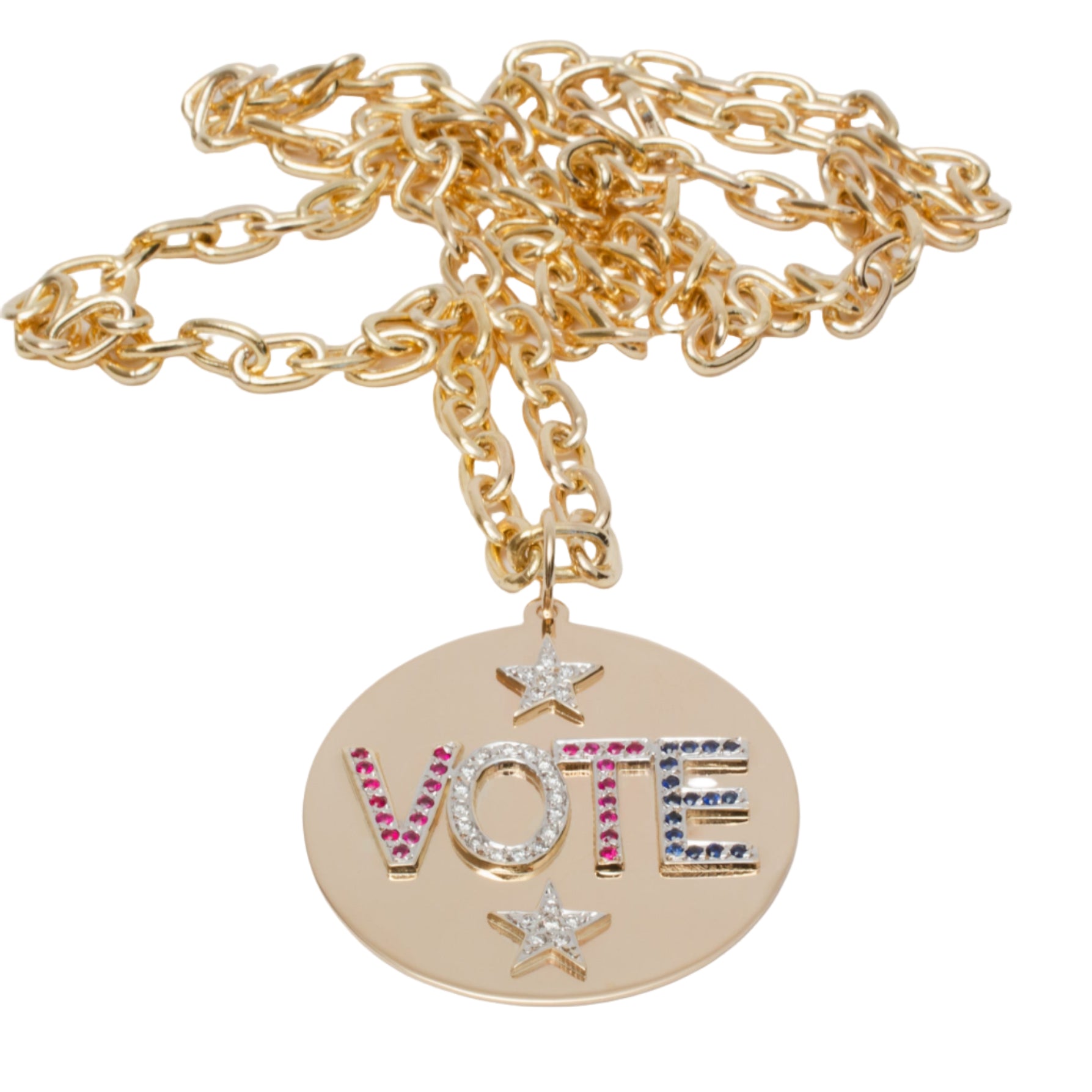 A gold-colored pendant with the word 'Vote' and star decorations on a chain.