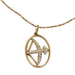 A 14k gold zodiac pendant with pave diamonds, displayed on a necklace.