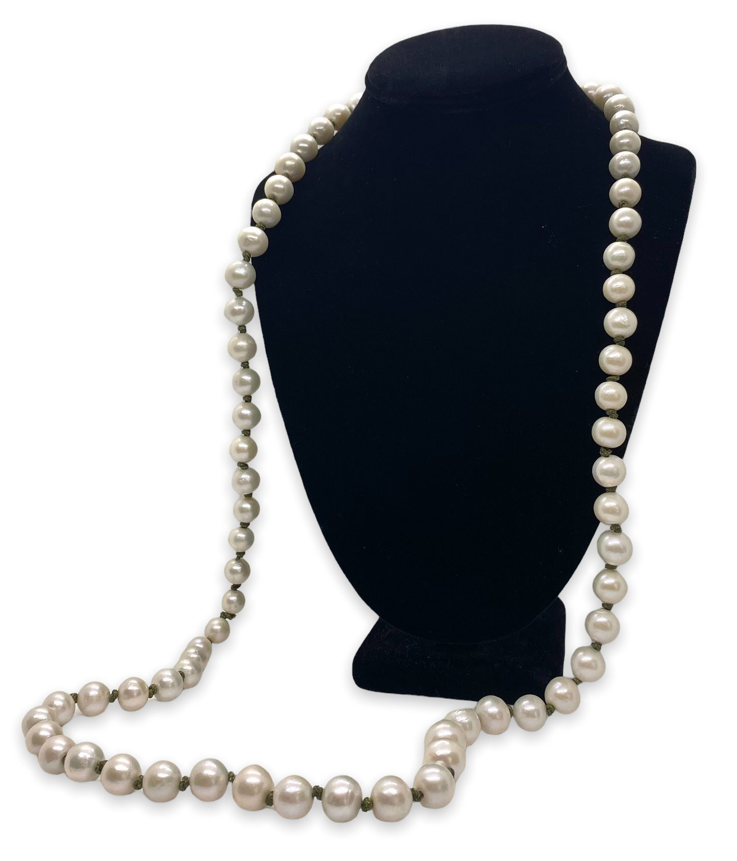 A black mannequin necklace displaying a string of large freshwater pearls with olive green knots.