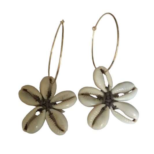 A pair of white and gold colored earrings with a shell design, displayed against a plain background.