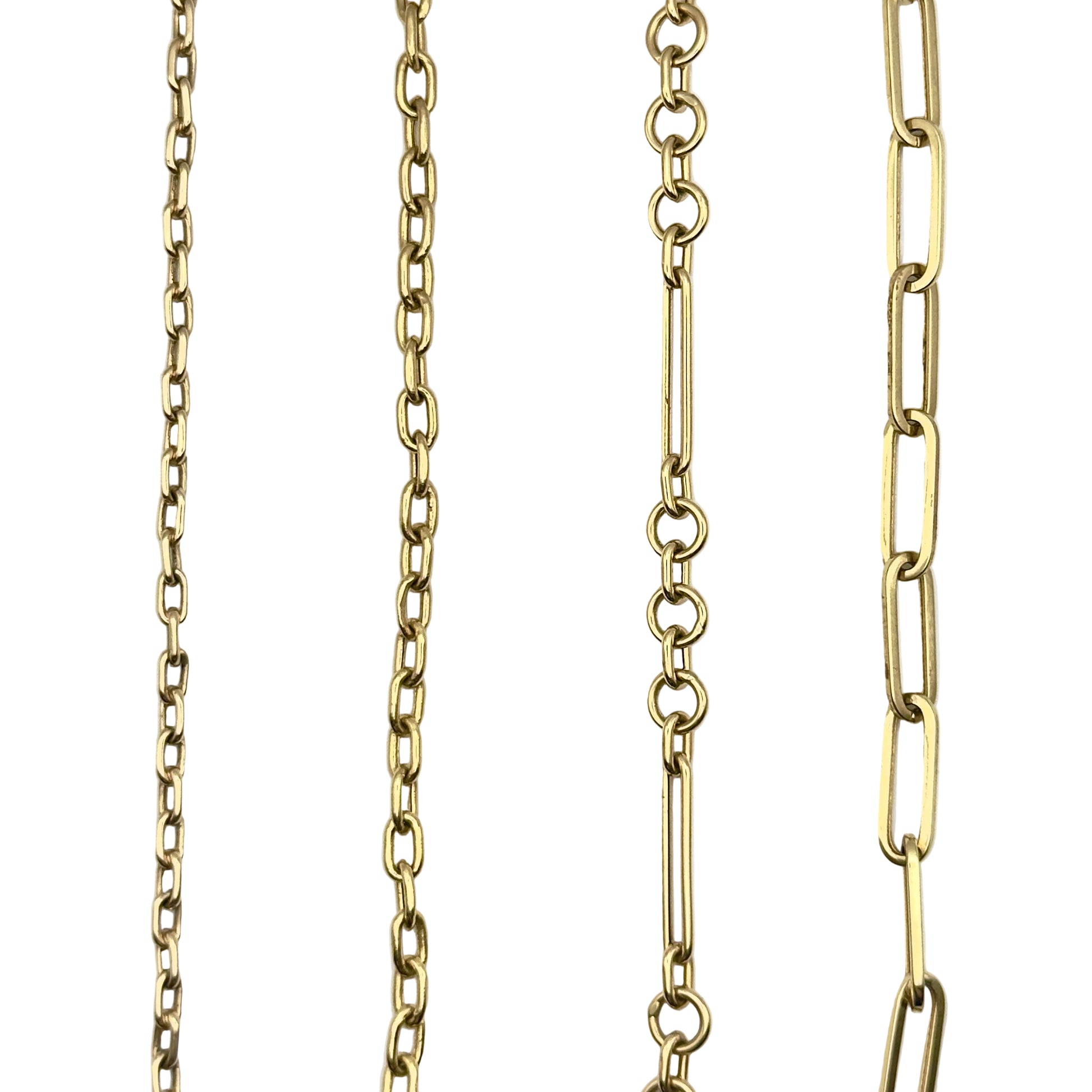 Four gold chain necklaces of different styles on a white background