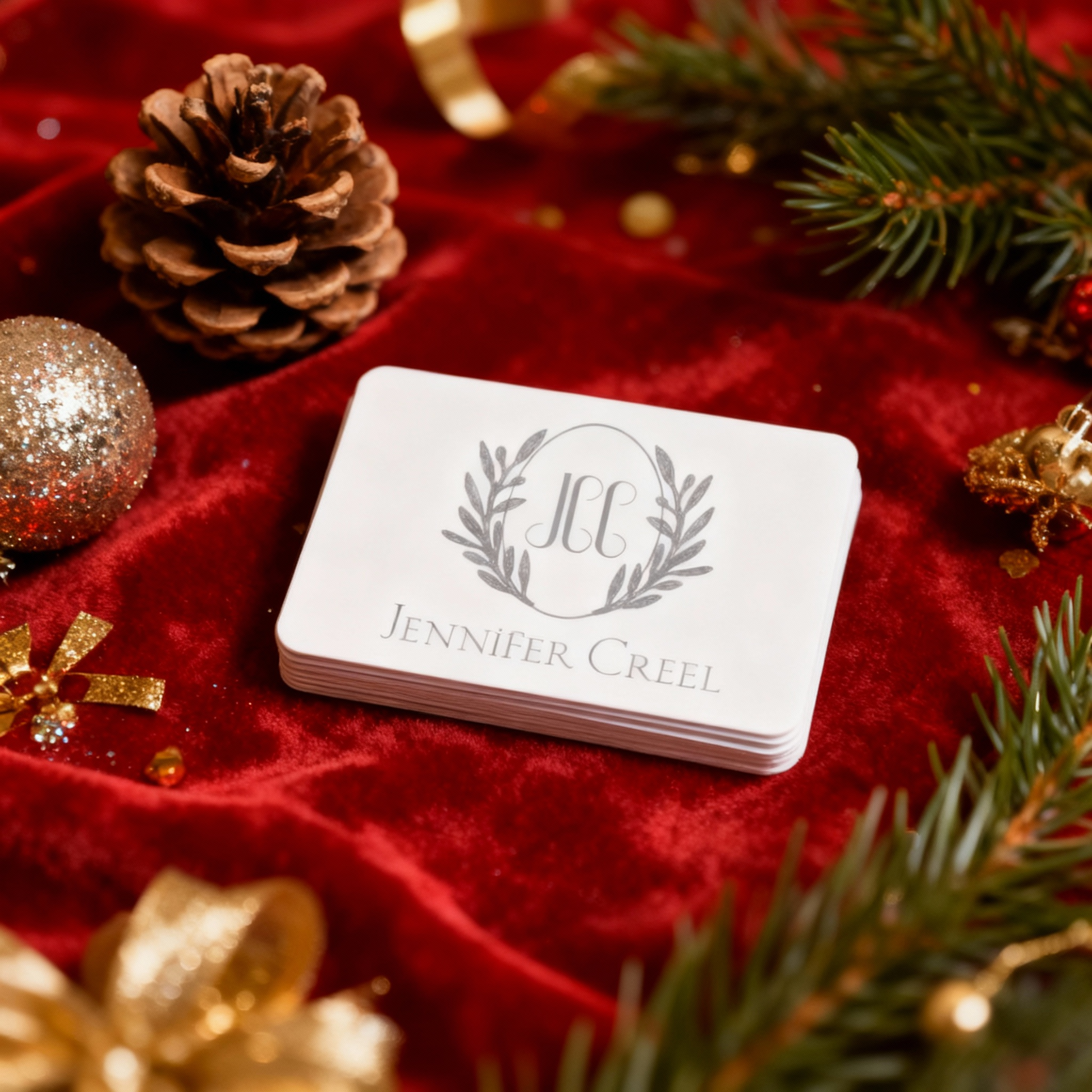 White business cards with a logo and text on a red fabric background with Christmas decorations.