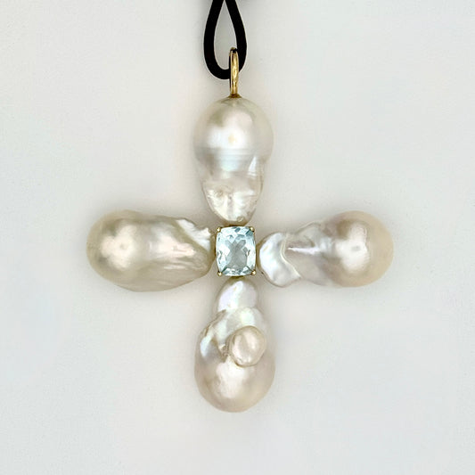 Baroque Pearl Pendant with Aquamarine or Amethyst Center set in 14k Yellow Gold