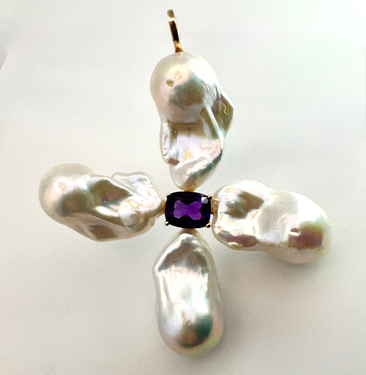 Baroque Pearl Pendant with Aquamarine or Amethyst Center set in 14k Yellow Gold