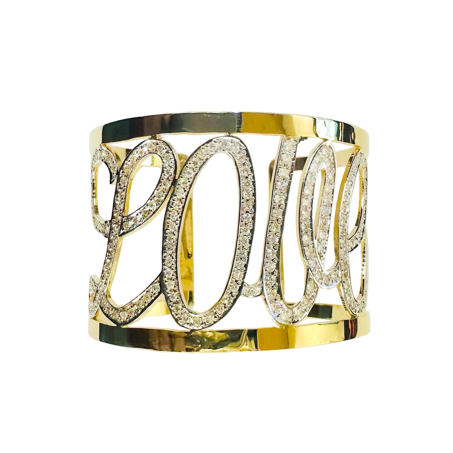 Gold bracelet with 'LOVE' letters on a light gray background