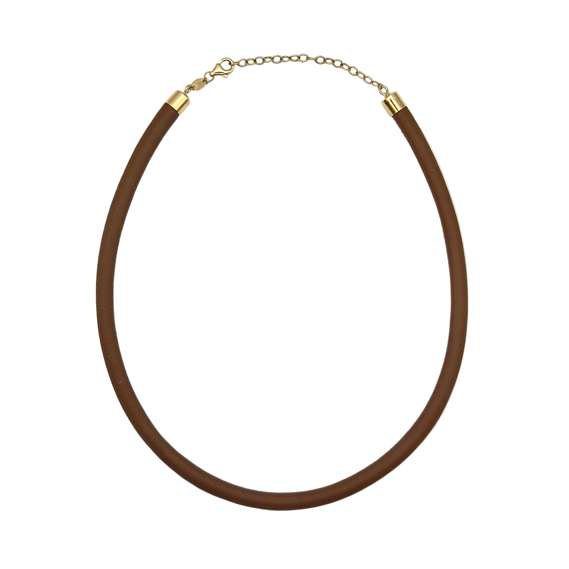 Brown necklace with gold clasp on a white background
