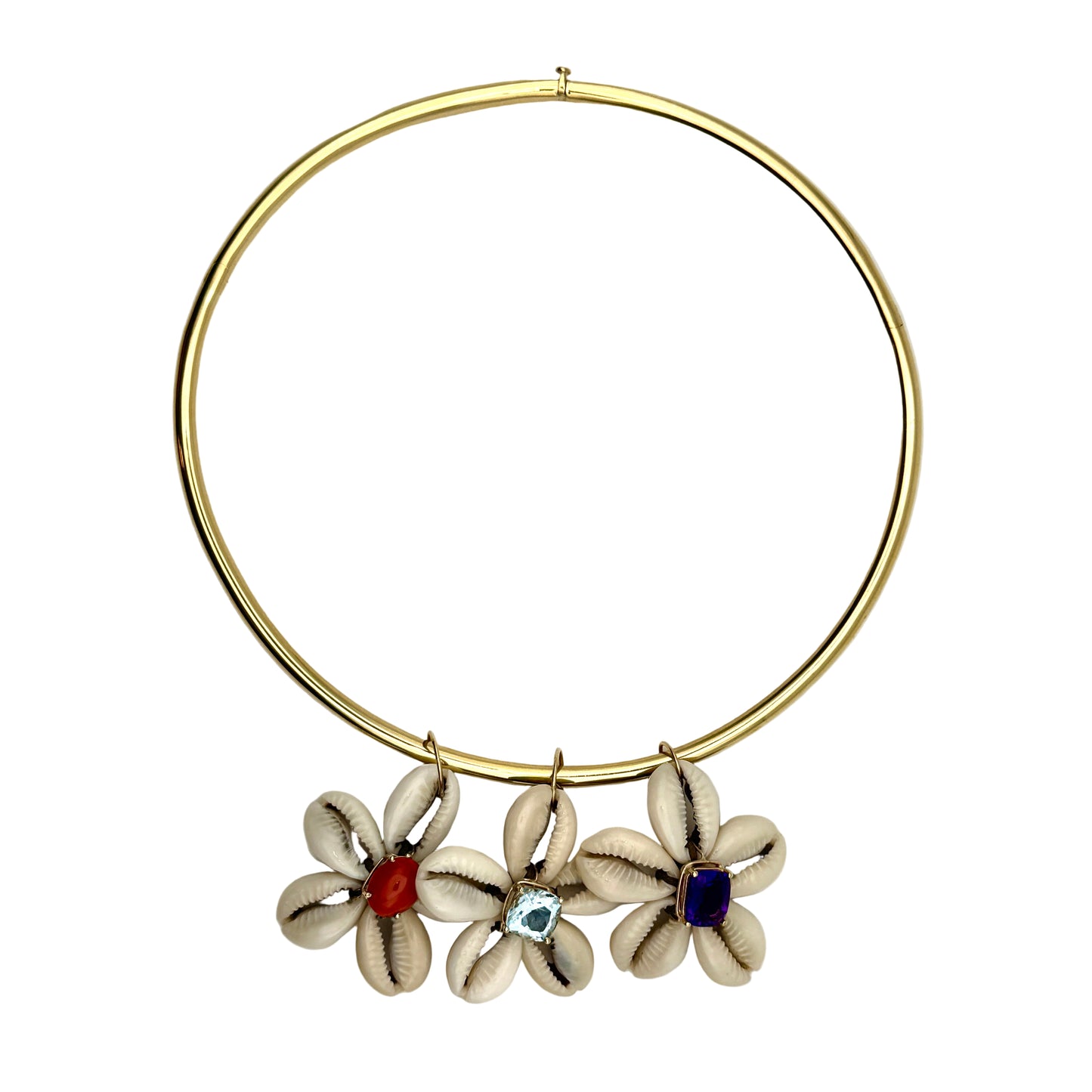 Gold hoop necklace with three floral pendants on a white background