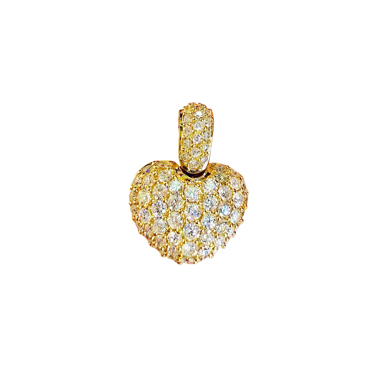 Gold heart-shaped pendant with diamonds on a white background 