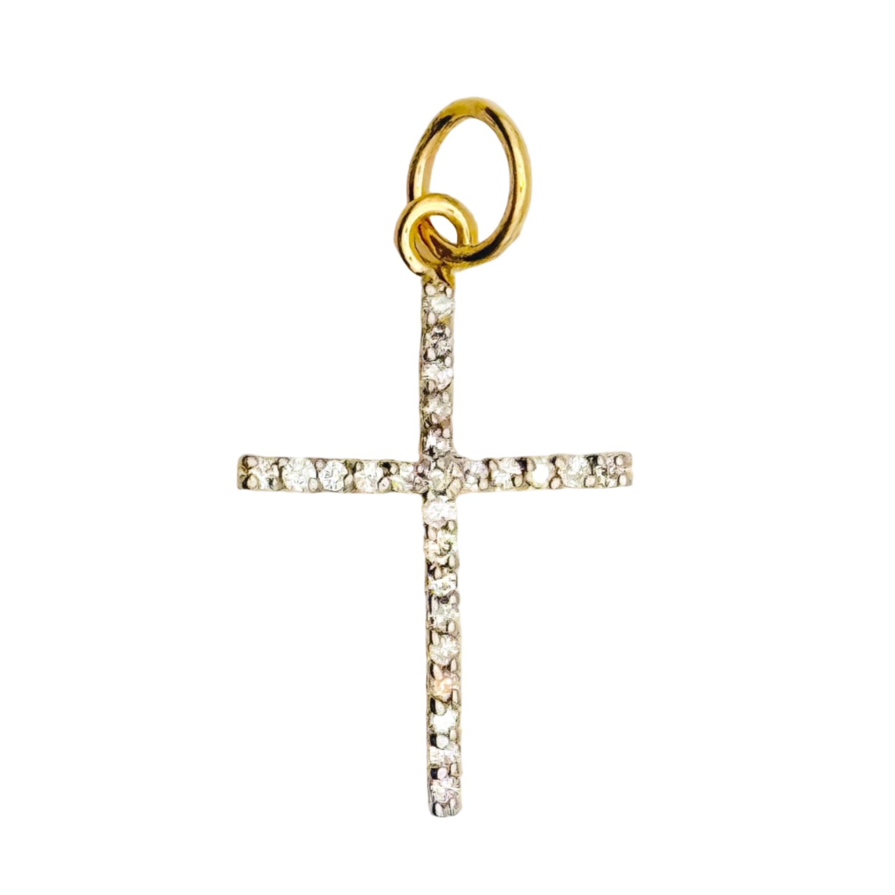 Gold cross pendant with diamonds on a white background