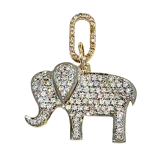 Diamond-studded elephant pendant on a white background