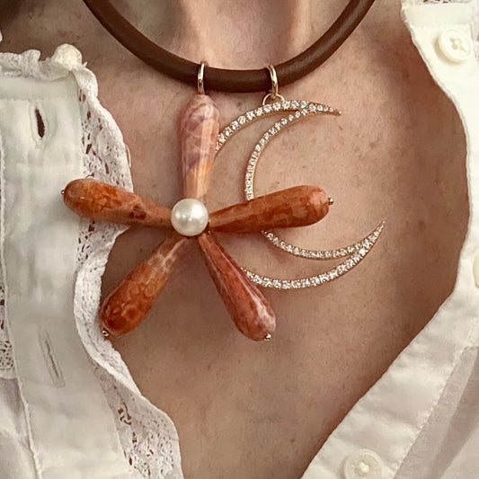 Golden Flame Agate Daisy Pendant ￼