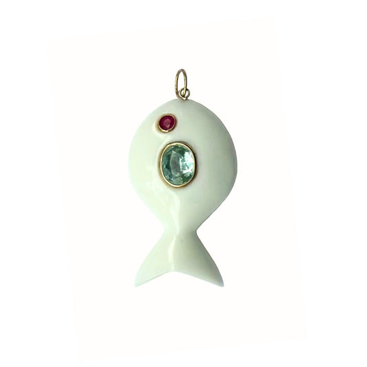 White Agate Fish Pendant with Aquamarine and Ruby