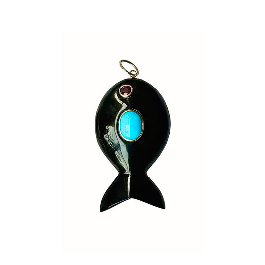 Onyx Fish with Turquoise and Ruby