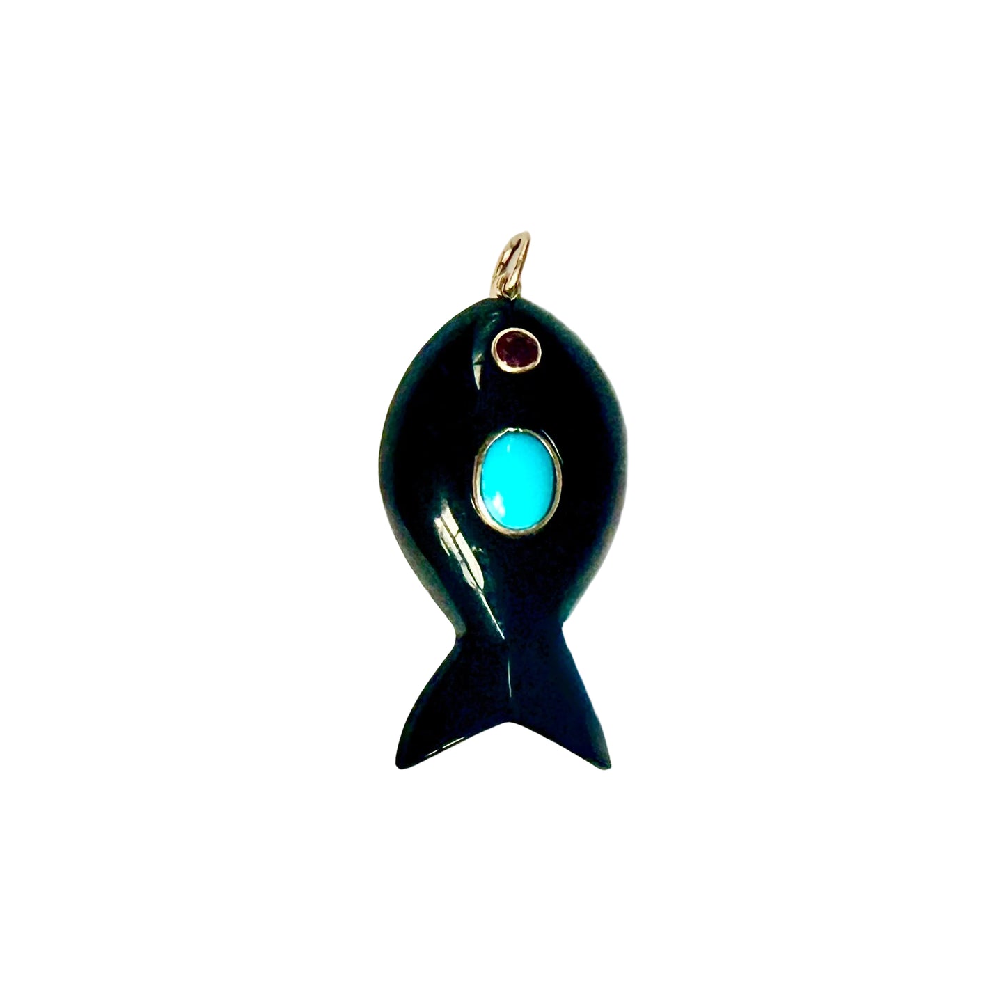 A fish-shaped pendant with a glossy black enamel body, a bright turquoise oval stone, a small red oval stone, and gold-tone metal outlines and loop, shown on a plain white background.