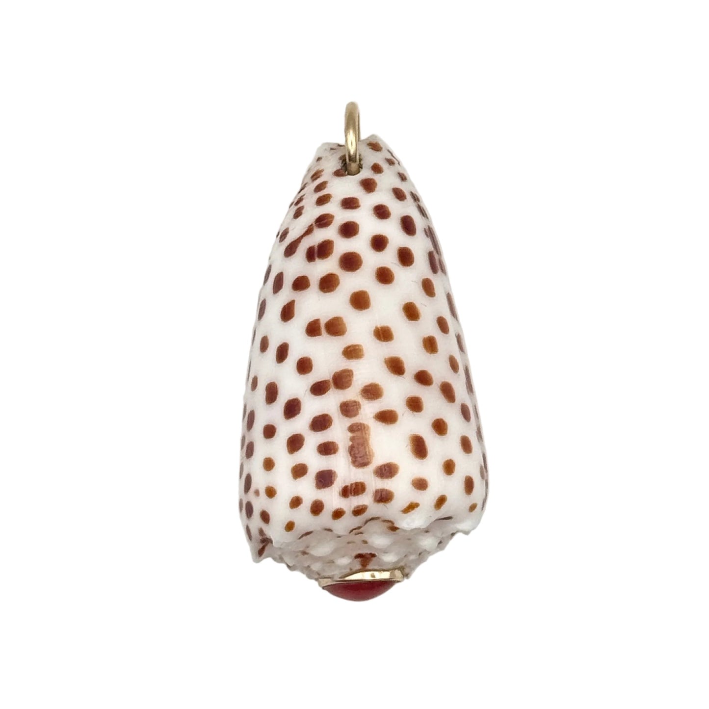 A cone-shaped shell pendant with a brown and white spotted pattern, featuring a small gold loop at the top and a small coral accent at the base, shown on a plain light background.