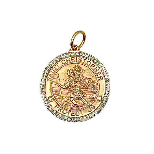 Gold Saint Christopher pendant with diamonds on a white background