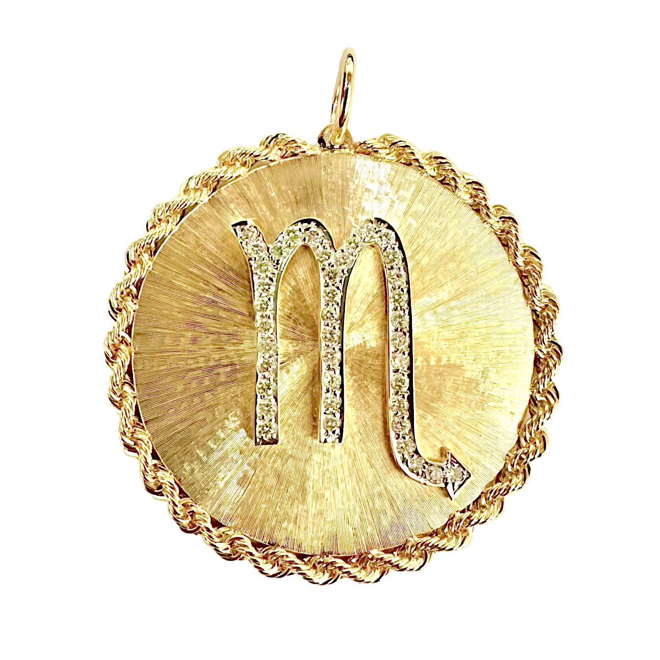 Gold pendant with Scorpio symbol on a white background