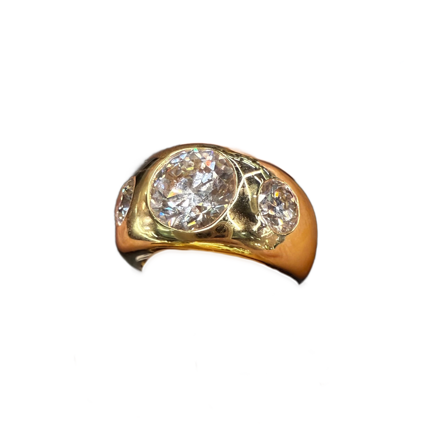 Gold ring with a large diamond and smaller stones on a white background