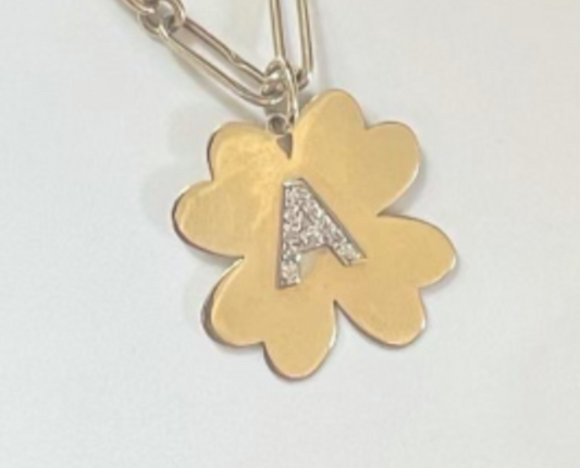 14k Gold 1 and 2 inch Clover with Pave Diamond Initial (Customizable)
