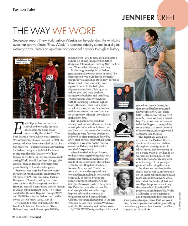 A printed magazine or newspaper article page with the headline 'THE WAY WE WORE' and byline 'JENNIFER CREEL.' The page includes a large fashion photo of models wearing colorful dresses, smaller inset photos, body text, and a white background with black text.