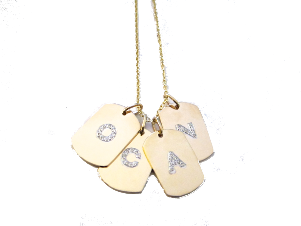 14k Yellow Gold Dog Tag with Pave Diamond Letters (Customizable)