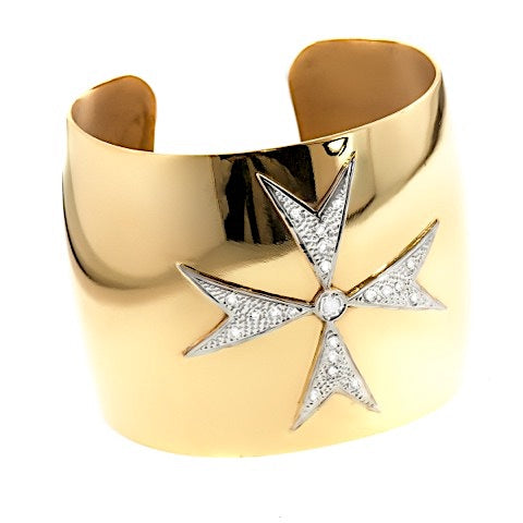 14K yellow gold cuff bracelet with a Maltese cross design and pave diamonds.